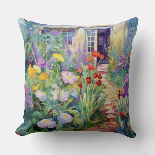 Aquarellgarten Hütte mit Blume gefüllt Kissen (Vorderseite)
