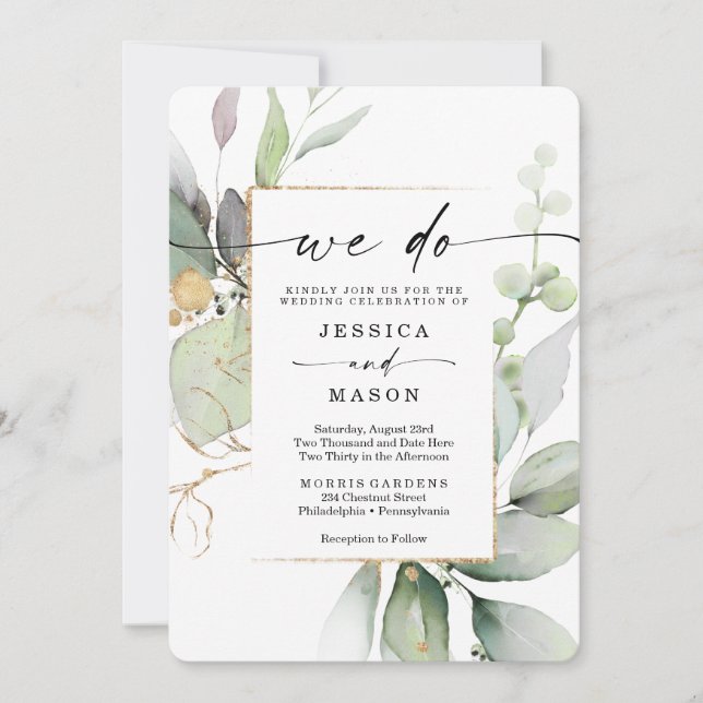 Aquarellgarten mit Gold, das wir Hochzeit machen Einladung (Vorderseite)