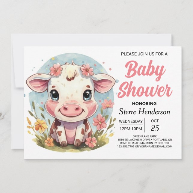 Aquarellgarten Moderne Kuh Babydusche Einladung (Vorderseite)
