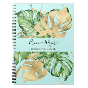 Aquarellgarten Palmen Blätter Gold Aquamarines Bus Notizblock