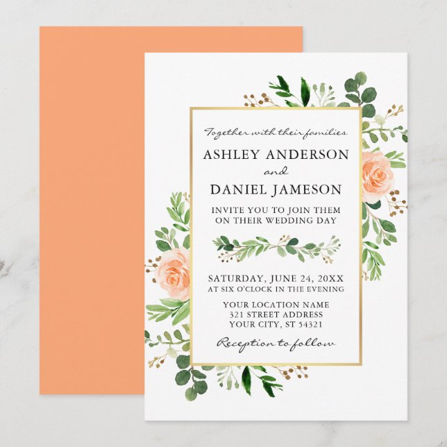 Aquarellgarten Peach Rose Hochzeit Einladung (Vorne/Hinten)