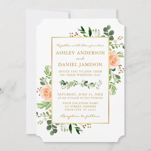 Aquarellgarten Peach Rose Hochzeit Gold Einladung (Vorderseite)
