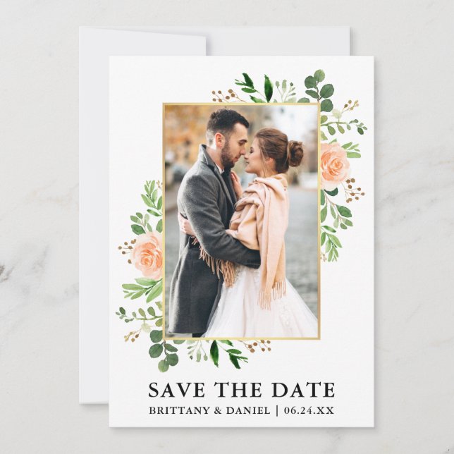 Aquarellgarten Peach Rose Save the Date Karte (Vorderseite)