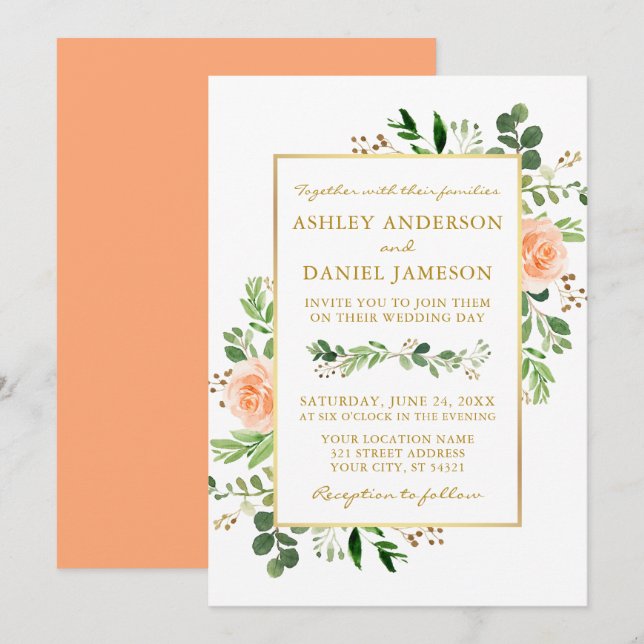 Aquarellgarten Peach Rose Wedding Gold Einladung (Vorne/Hinten)