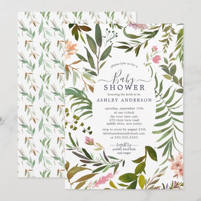 Aquarellgarten Rahmen Botanische Babydusche Einladung (Vorne/Hinten)
