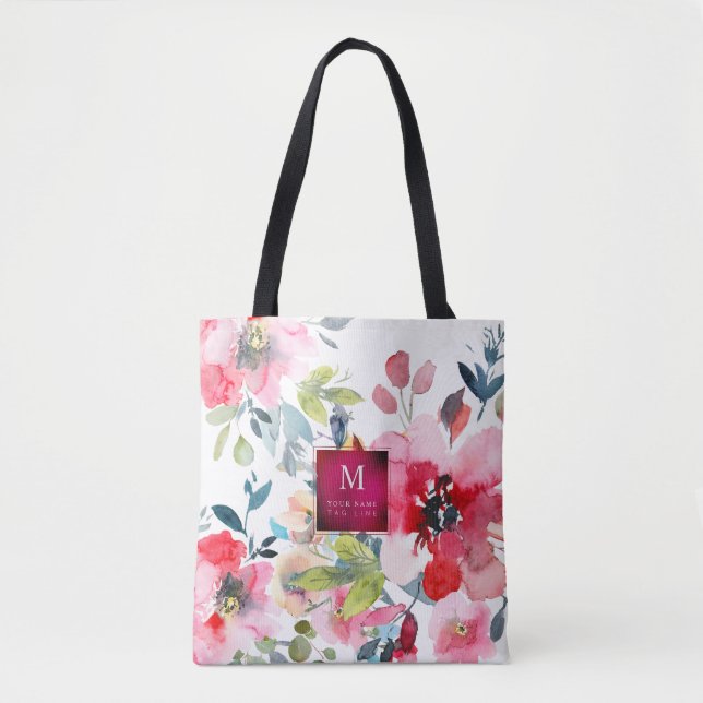 Aquarellgarten-Rose, Ombre Red+Monogram Tasche (Vorderseite)