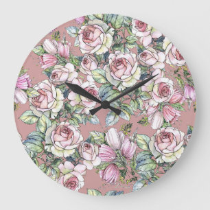 Aquarellgarten: Rose Tulip Elegance. Große Wanduhr