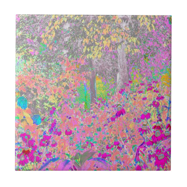 Aquarellgarten Sonnenaufgang mit violetten Blumen Fliese (Vorderseite)