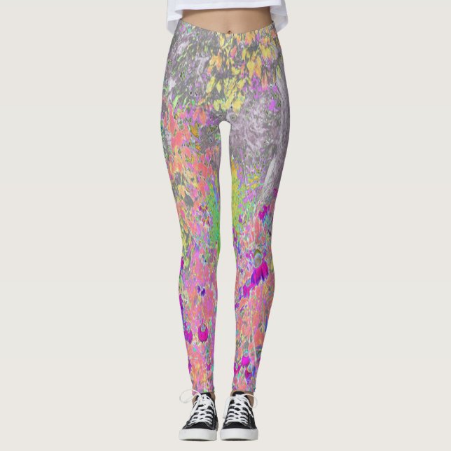 Aquarellgarten Sonnenaufgang mit violetten Blumen Leggings (Vorderseite)