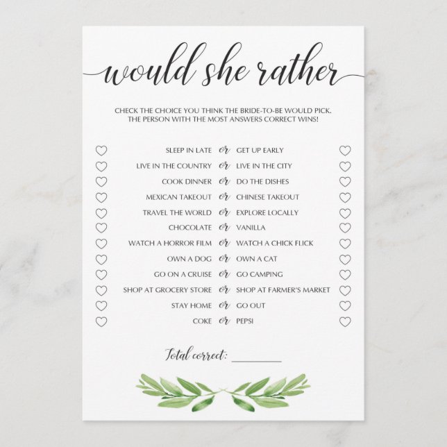 Aquarellgarten und Weißes Brautparty Spiel (Vorderseite)