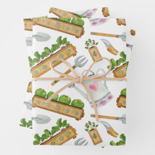 Aquarellgartengeräte, Pflanze, Wasserkocher Geschenkpapier Set