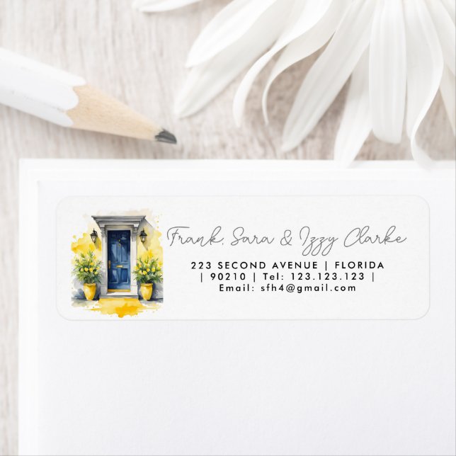 Aquarellgelb blaue Vordertür elegante Hochzeit (Insitu)