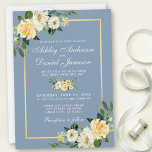 Aquarellgelbe blaue Blütenblüte Hochzeit Einladung<br><div class="desc">Die Watercolor Yellow White Floral Dusty Blue Wedding Invitation Card beinhaltet Gelbe Rosen,  weiße Blume und botanische Vegetation auf einem goldenen Rahmen.</div>