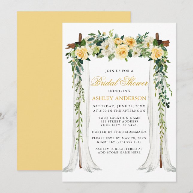 Aquarellgelbe Blumenkanopie Brautparty Einladung (Vorne/Hinten)