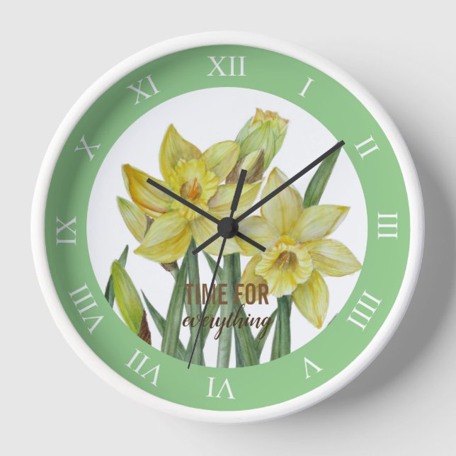 Aquarellgelbe Daffodien römische Zahlen Uhr (Vorderseite)