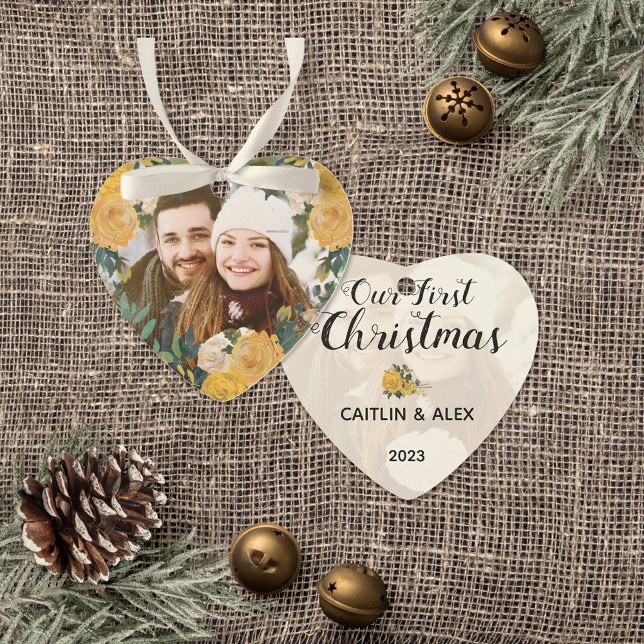 Aquarellgelbe Rosen Couple Foto Weihnachten Ornament (Elegant Romantic First Christmas Dated Keepsake Ornament)