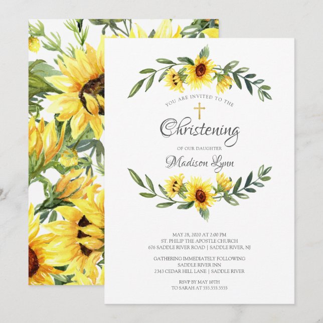 Aquarellgelbe Sonnenblumen Christening Einladung (Vorne/Hinten)