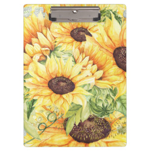 Aquarellgelbe Sonnenblumen Grünpflanzen Klemmbrett