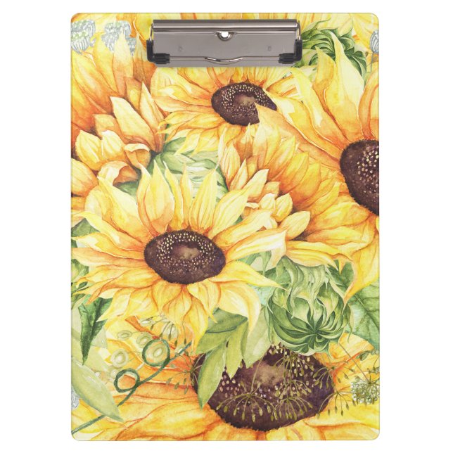 Aquarellgelbe Sonnenblumen Grünpflanzen Klemmbrett (Vorderseite)