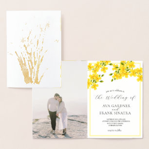 Aquarellgelber Blumengarten mit Foto Hochzeit Folienkarte