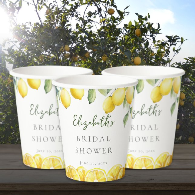 Aquarellgelber Zitronenfrüchte Brautparty Pappbecher (Watercolor Yellow Lemon Citrus Bridal Shower Paper Cups)