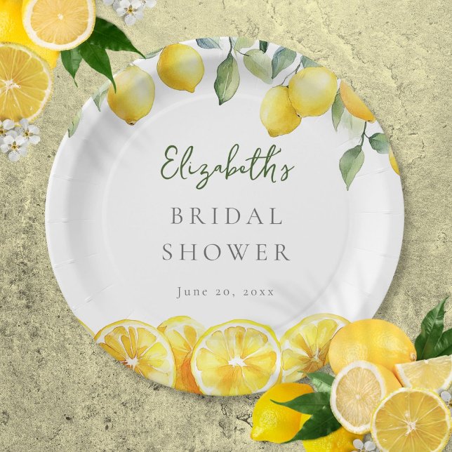 Aquarellgelber Zitronenfrüchte Brautparty Pappteller (Watercolor Yellow Lemon Citrus Bridal Shower Paper Plates)