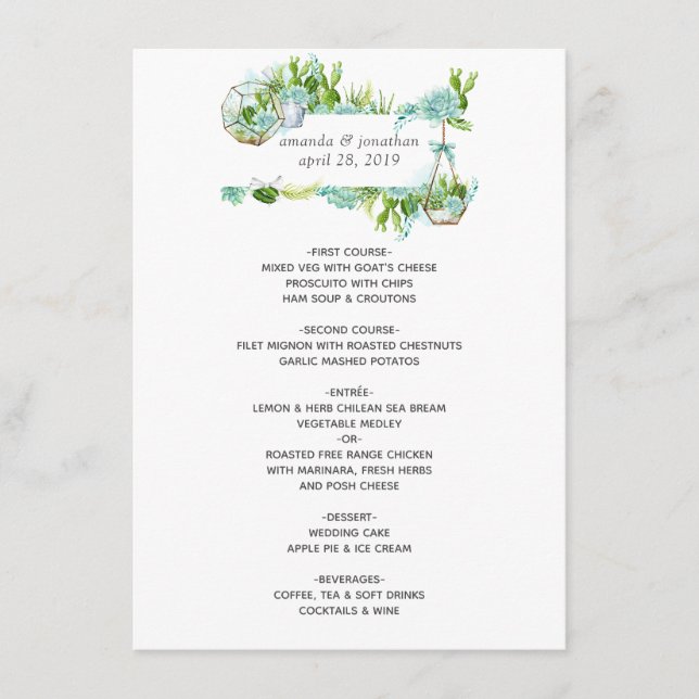 Aquarellglas Terrarium Succulents Wedding Menükarte (Vorderseite)