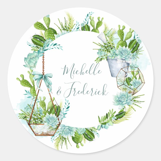 Aquarellglas Terrarium Succulents Wedding Runder Aufkleber (Vorderseite)