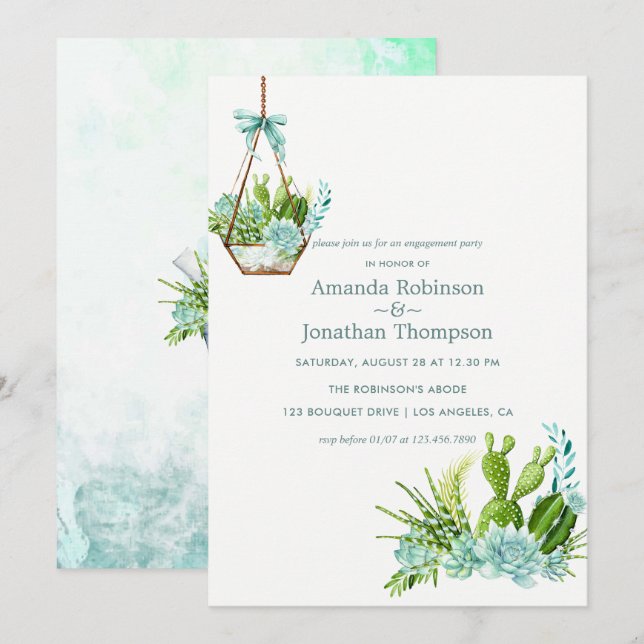 Aquarellglas Terrarium Sukkulturen Verlobung Einladung (Vorne/Hinten)