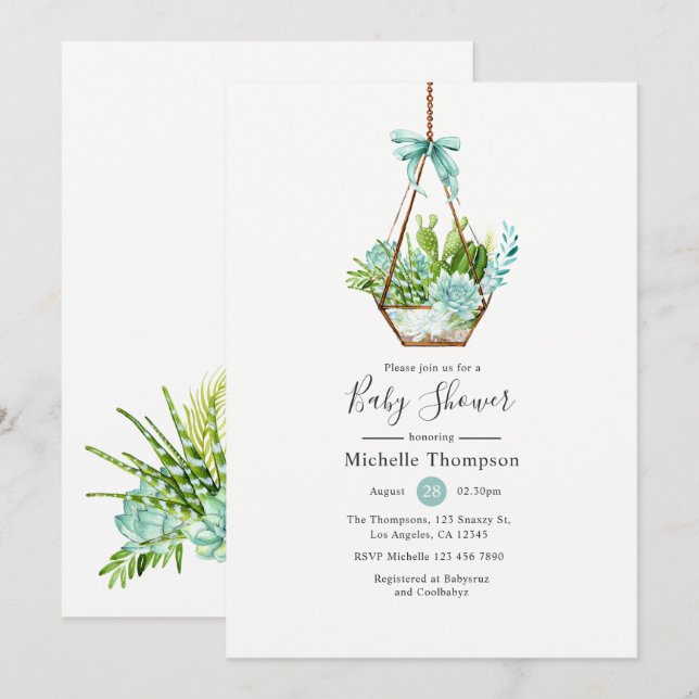 Aquarellglasterrarium Succulents Babydusche Einladung (Vorne/Hinten)