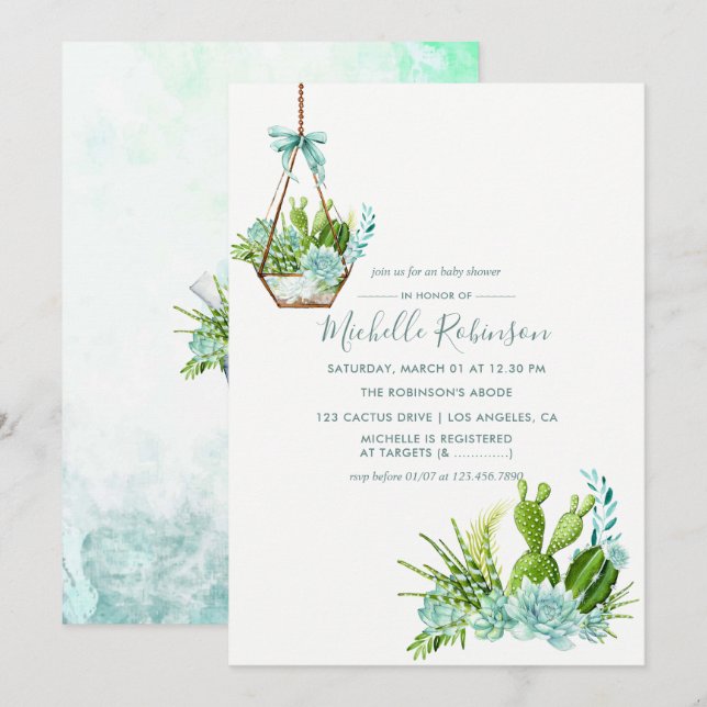 Aquarellglasterrarium Succulents Babydusche Einladung (Vorne/Hinten)