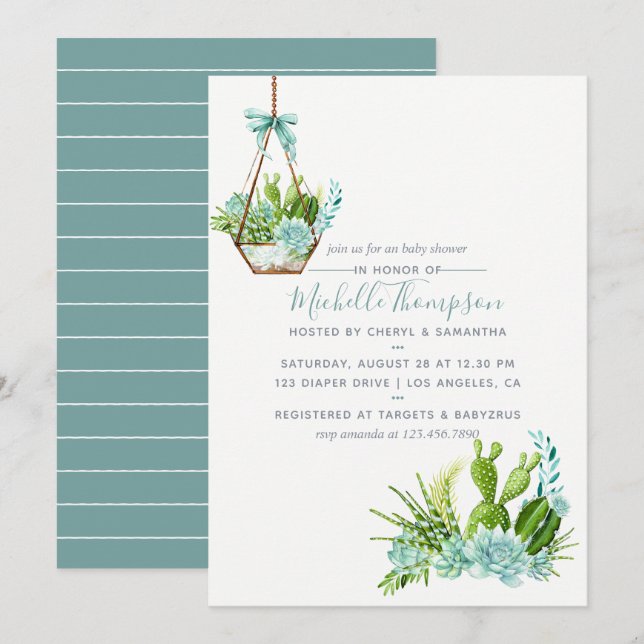 Aquarellglasterrarium Succulents Babydusche Einladung (Vorne/Hinten)