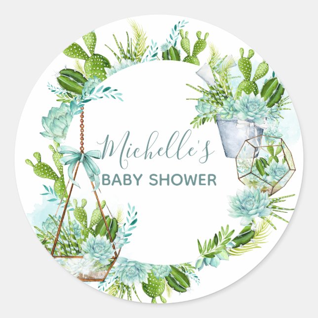 Aquarellglasterrarium Succulents Babydusche Runder Aufkleber (Vorderseite)