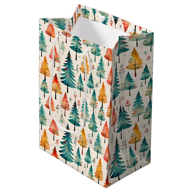 Aquarellgolden und grüne Weihnachtsbaumen Mittlere Geschenktüte (Vorderseite Schrägansicht)