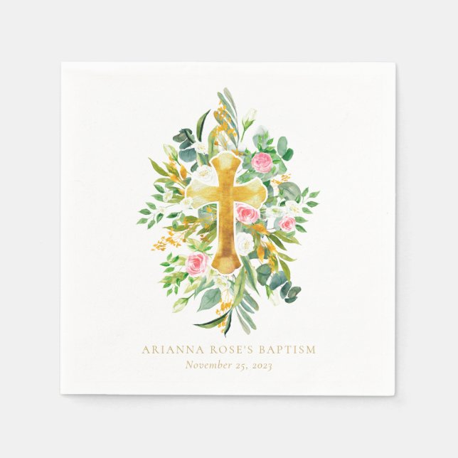 Aquarellgoldkreuz Rosa Taufe Serviette (Vorderseite)