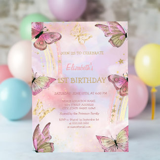 Aquarellgoldschmetterlinge Regenbogen Geburtstag Einladung