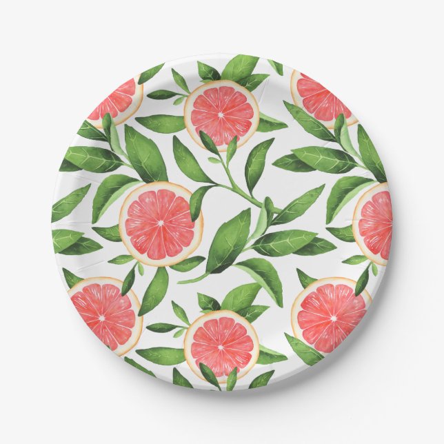 Aquarellgrapefruits und Grünmuster Pappteller (Vorderseite)