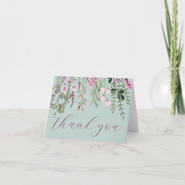 Aquarellgras Wildblumen Lila Seite Grün Dankeskarte (Vorderseite)