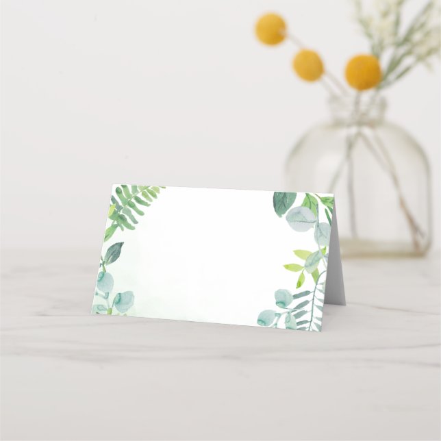 Aquarellgrauen Blattwerk Leere Hochzeit Platzkarte (Vorderseite)