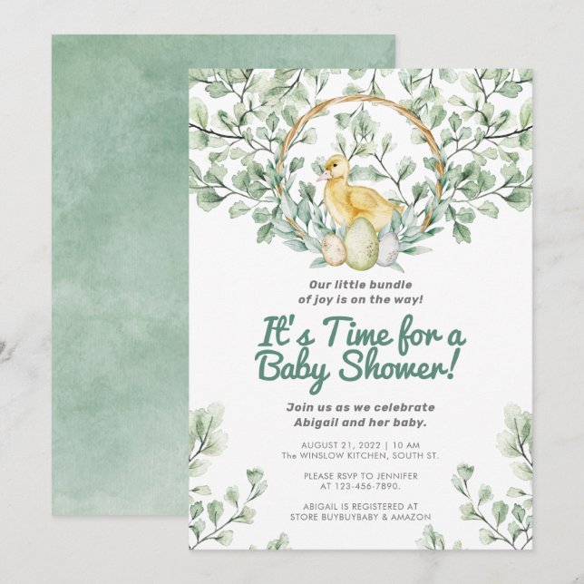 Aquarellgrauen Küchenchick & Nest Babydusche Einladung (Vorne/Hinten)