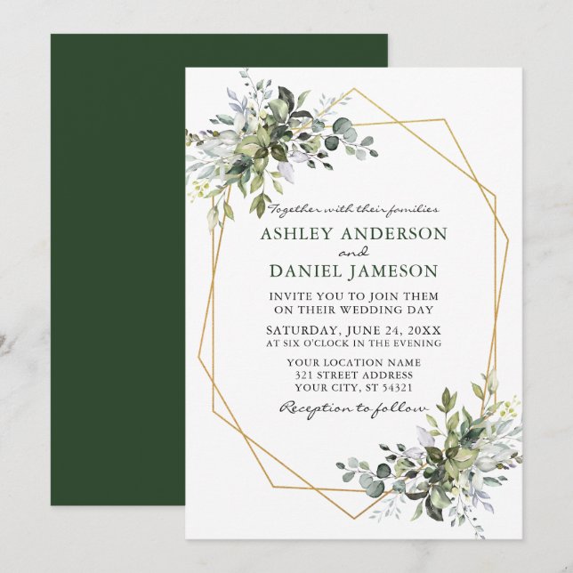 Aquarellgrönen Geometrische Rahmen Hochzeit Einladung (Vorne/Hinten)