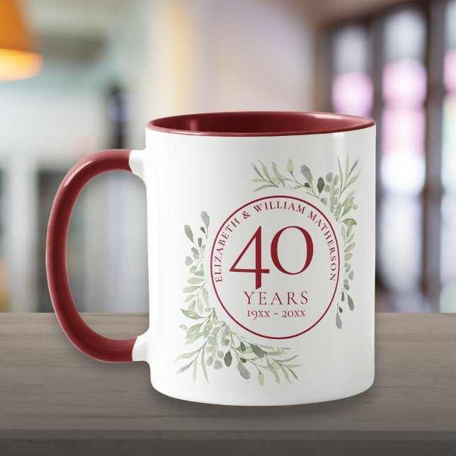 Aquarellgrün Blätter 40 Jahre Tasse (Soft Watercolour Leaves 40th Anniversary Mug)