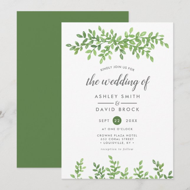 Aquarellgrün Blätter Blumenbeete Moderne Hochzeit Einladung (Vorne/Hinten)
