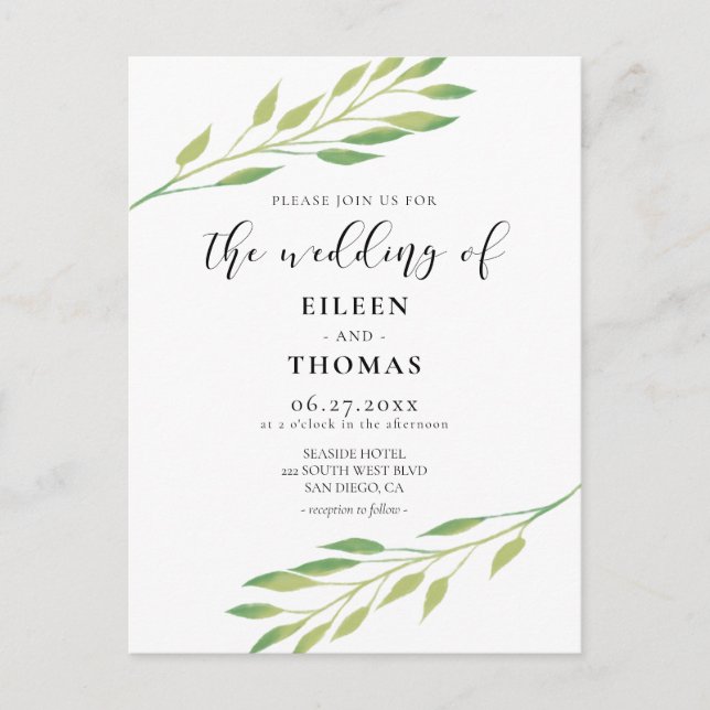 Aquarellgrün Blätter Einladung zur Hochzeit Postkarte (Vorderseite)