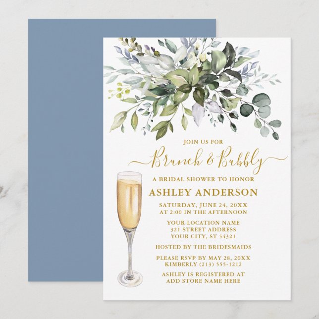 Aquarellgrün Dusty Blue Brunch Bubbly Gold Einladung (Vorne/Hinten)