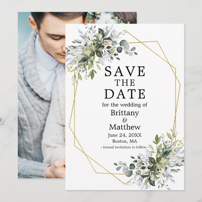 Aquarellgrün Dusty Blue Geo Frame Foto Save The Date (Vorne/Hinten)