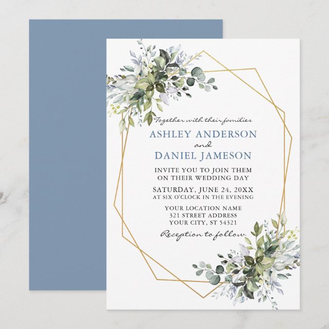 Aquarellgrün Dusty Blue Geo Frame Wedding Einladung (Vorne/Hinten)