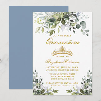Aquarellgrün Dusty Blue Quinceañera Gold Einladung