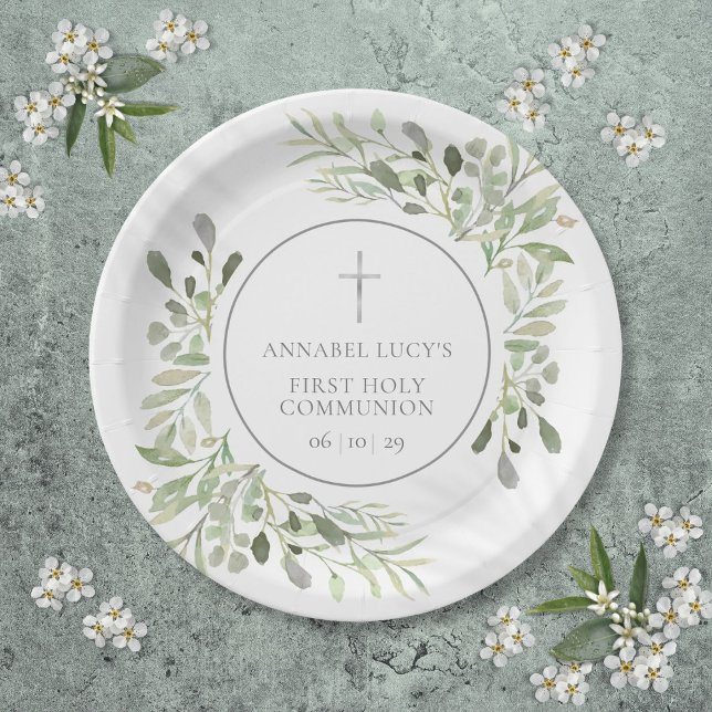 Aquarellgrün Erste Heilige Kommunion Pappteller (Watercolor Greenery First Holy Communion Paper Plates)