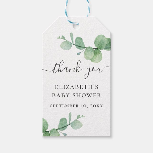 Aquarellgrün Eukalyptus Babydusche Danke Geschenkanhänger (Vorderseite)